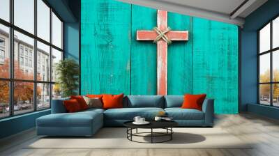 Rustic wood cross hanging on antique green wooden background Wall mural