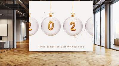 2024 Happy New Year. Golden metal number in glass Christmas balls hang on ribbon. Realistic 3d render metallic sign. Celebrate party 2024. Xmas Poster, web banner, header website. vector illustration Wall mural