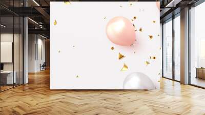 Background with festive realistic balloons with ribbon. Celebration design with baloon, color pink and white, studded with gold sparkles and glitter confetti. Celebrate birthday template Wall mural