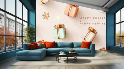 Background with gift box pastel soft pink and blue, white colors. Christmas and New Year horizontal pattern gifts boxes. Realistic 3d design elements. Festive banner, web poster, header for website. Wall mural