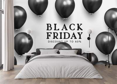 Black Friday sale. Background with black and silver balloons. Holiday banner, web poster, flyer, cover card, Festive celebrate backdrop ballons. Vector illustration Wall mural