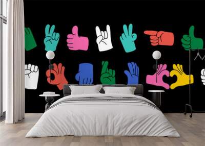 Cartoon hands abstract drawn comic. Set of Hand multicolored different signs and symbols. Drawing style. Vector illustration Wall mural