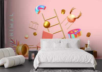 Chaos abstract background with 3d objects. Wall mural