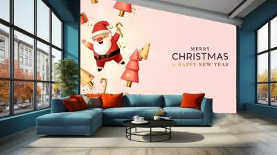 Christmas and New Year background. Falling gift box realistic character 3d santa claus. Conical Abstract Gold Christmas Trees. Xmas Winter holiday composition. Greeting card, banner, web poster. Wall mural