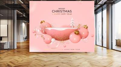 christmas and new year pink background. realistic 3d design stage podium, studio semi round sphere.  Wall mural