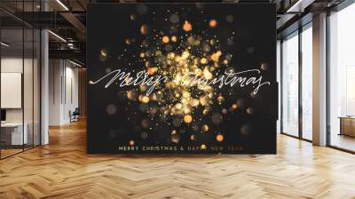 Christmas background with golden lights bokeh. Xmas greeting card. Magic holiday poster, banner. Night bright gold sparkles background Wall mural