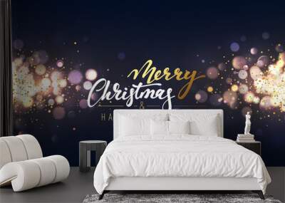 Christmas background with lights gold bokeh. Xmas card. Magic holiday card, poster, banner. Night bright golden light background Wall mural