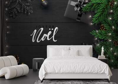 Christmas background. Wood plank texture, black snowflakes are strewn sparkles, realistic pine cone, decorative baubles, gift boxes, xmas bright light white garland. pine branches. Flat lay, top view Wall mural