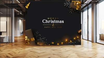 Christmas Background. Xmas design of sparkling lights garland, realistic brown gifts box, black snowflake and glitter silver confetti. New year poster, greeting cards, banner. Stylish dark composition Wall mural