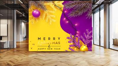 Christmas Background. Xmas design of sparkling realistic lights garland, yellow snowflake and glitter gold confetti, ball bauble. Horizontal christmas poster, greeting cards, headers, website Wall mural