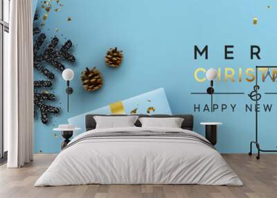 Christmas banner. Background Xmas design of sparkling lights garland, with realistic gifts box, black snowflake and glitter gold confetti. Horizontal christmas poster, greeting cards, headers, website Wall mural