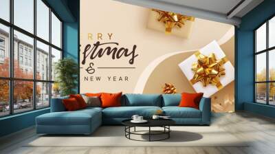 Christmas banner. Background Xmas design of sparkling lights garland, with realistic gifts box, glitter gold confetti. Horizontal New Year poster, greeting card, header, website. Design Flat top view Wall mural