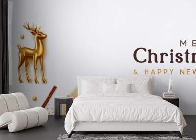 Christmas banner. Xmas Background with realistic objects, Gold Metal Deer, spruce branches, gift boxes. New Year's traditional decorations, viewed from above. Horizontal poster, header, website. Wall mural