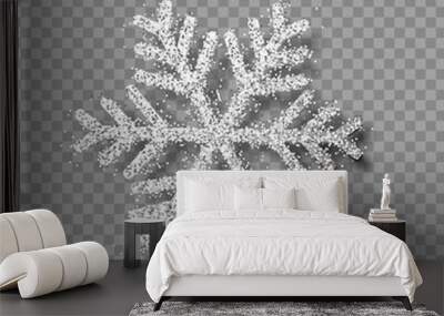 Christmas decoration, silver snowflake covered bright glitter, on transparent background. Xmas ornament white snow with bright sparkles. Wall mural