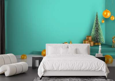 Christmas festive interior design. 3d composition Realistic stage, podium, Xmas studio. Minimal abstract new year background. Modern Creative holiday template. Banner and poster. Vector illustration Wall mural