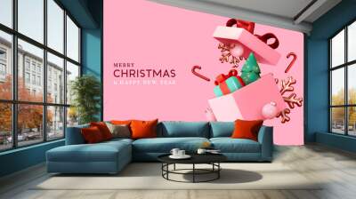 christmas gifts box realistic 3d design. xmas composition falling open pink gift boxes with festive  Wall mural