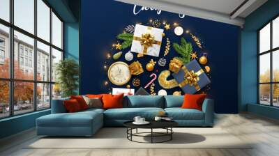 Christmas greeting card with holiday objects. Merry Christmas and happy new year. Background with gift box and balls design. Postcard with clocks, candles and fir branches. Xmas decoration elements. Wall mural