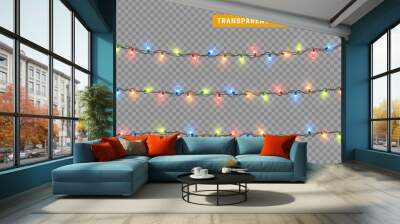 Christmas lights isolated realistic design elements. Glowing lights for Xmas Holiday greeting card design. Garlands decorations. Led neon lamp Wall mural