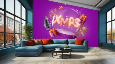 Christmas snow glass winter ball. Xmas text letter. Happy new year and Merry Christmas festive design. Realistic 3d elements, gift box, gold snowflake, green tree, bokeh lights. Vector illustration Wall mural