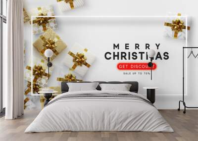 Christmas vector background. Xmas sale, holiday web banner. View top on composition gift box. Wall mural