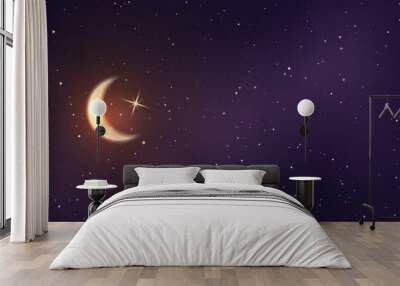 Crescent moon on the background of space with bright stars. Half a month is shining in sky. Wall mural