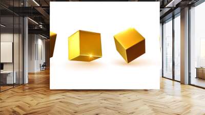 Cube in gold metalic. Square Realistic geometric shapes. Golden decorative design elements isolated white background. 3d objects cube-shaped yellow color. vector illustration. Wall mural