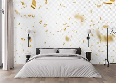 Falling shiny golden confetti isolated on transparent background. Bright festive tinsel of gold color. Wall mural