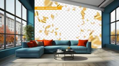 Falling shiny golden confetti isolated on transparent background. Bright festive tinsel of gold color. Wall mural