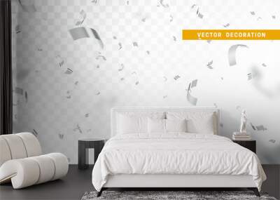 Falling shiny silver confetti isolated on transparent background. Bright festive tinsel of white color. Wall mural