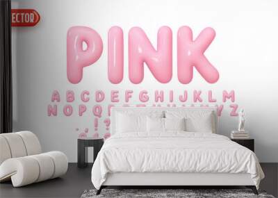 Font realistic 3d design, pink colors. Complete alphabet and numbers from 0 to 9. Collection Glossy letters in cartoon style. Fonts voluminous inflated from balloon. Vector illustration Wall mural