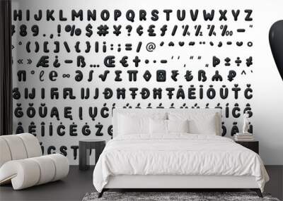 Fonts Complete set alphabetic letters and symbols and signs, numbers. Big collection of creative Font realistic 3d design plastic balloons style. Language support French, German. Vector illustration Wall mural