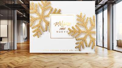 French text Meilleurs Voeux. Christmas background with shining gold snowflakes. Xmas festive greeting card vector Illustration. Wall mural