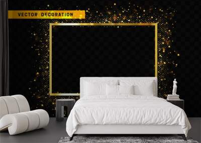 Gold frame with glowing lights and sparkle bokeh effects, isolated on background. Shining golden glitter rectangle. Luxury premium design template. Wall mural