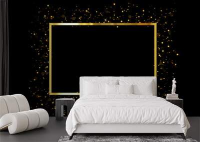 Gold frame with glowing lights and sparkle bokeh effects, isolated on background. Shining golden rectangle. Luxury premium design template. Wall mural