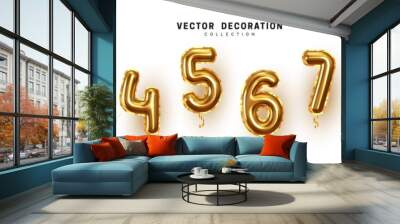 Golden Number Balloons 0 to 9. Foil and latex balloons. Helium ballons. Party, birthday, celebrate anniversary and wedding. Realistic design elements. Festive set isolated. vector illustration Wall mural