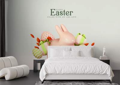 Happy Easter Holiday background. Festive design with realistic decoration elements 3d rabbit and gift box. Easter bunny and eggs. Banner, web poster, flyer cover, stylish brochure, greeting card. Wall mural