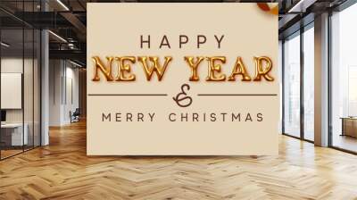 Happy New Year banner. Xmas design gold gifts box, 3d metal snowflakes, golden cone-shaped Christmas trees, Horizontal posters, greeting cards, headers for website. Objects viewed from above. top view Wall mural