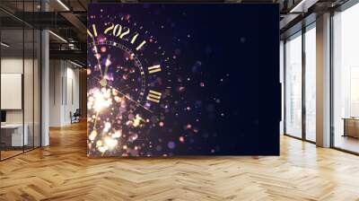 Happy New Years 2024. Background vintage gold shining clock report time five minutes to midnight. Christmas dark blue lilac background with defocused blurred gold light blur bokeh effect and sparklers Wall mural