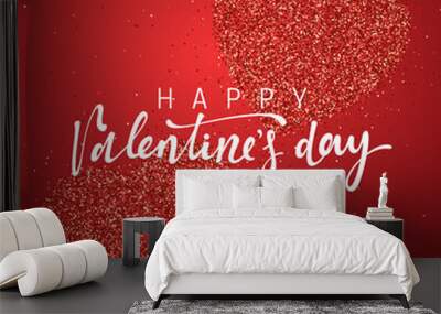 Happy Valentines Day lettering greeting card on red bright heart background. Festive banner and poster. Wall mural