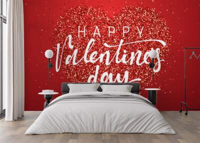 Happy Valentines Day lettering greeting card on red bright heart background. Festive banner and poster. Wall mural