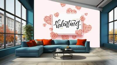 Happy Valentines Day lettering greeting card on red bright heart background. Festive banner and poster. Wall mural