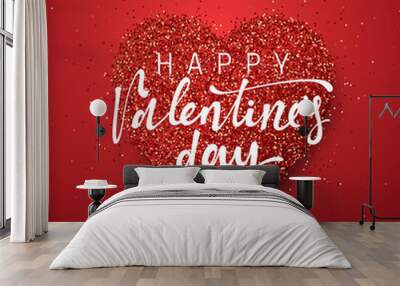 Happy Valentines Day lettering greeting card on red bright heart background Wall mural