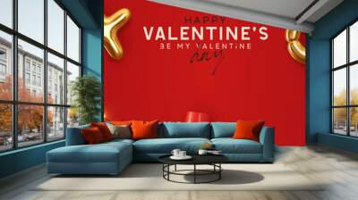 Happy Valentines day. Background with realistic 3d decor object. Two red Glass of wine, volumetric red heart and gold metal shape. Romantic banner, surprise poster, flyer and brochure. Holiday wedding Wall mural