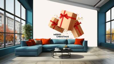 Merry Christmas and Happy New Year design. Realistic pile gifts boxes. Falling gift box decorative festive object. Holiday banner, web poster, flyer, stylish brochure, greeting card. Xmas background Wall mural