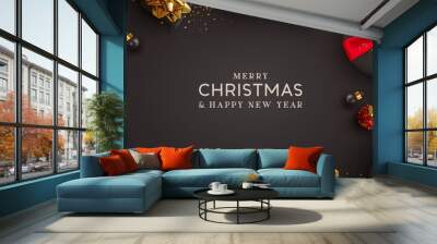 Merry Christmas and Happy New Year. Background Xmas design of realistic gifts box, 3d bauble balls, glitter gold confetti. Christmas poster, greeting cards. Flat lay, top view. Holiday composition Wall mural