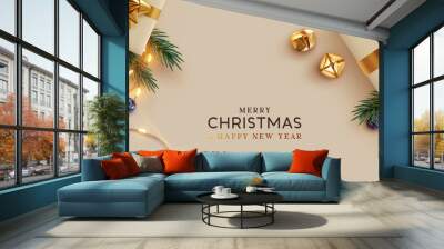 Merry Christmas and Happy New Year. Background Xmas design realistic gifts box, festive decorative objects. flat lay top view. Christmas poster, holiday banner, flyer, stylish brochure, greeting card Wall mural