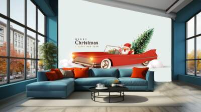 Merry christmas and Happy New Year. Santa Claus in red retro convertible car carries Christmas tree. Xmas 3d design, vintage banner, modern poster, holiday flyer, brochure. Winter vector illustration Wall mural