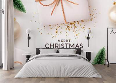 Merry Christmas and Happy New Year. Xmas Background design lights garland, realistic gifts box, white balls and glitter gold confetti. Christmas poster, holiday banner, lush green tree and pine. Wall mural