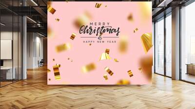 Merry Christmas and Happy New Year. Xmas background with realistic falling glitter gold confetti. Holiday greeting cards. Vector illustration Wall mural