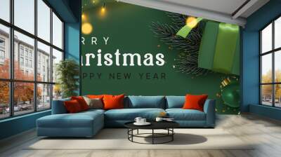 merry christmas and happy new year. xmas design with realistic objects, realistic dark green color g Wall mural